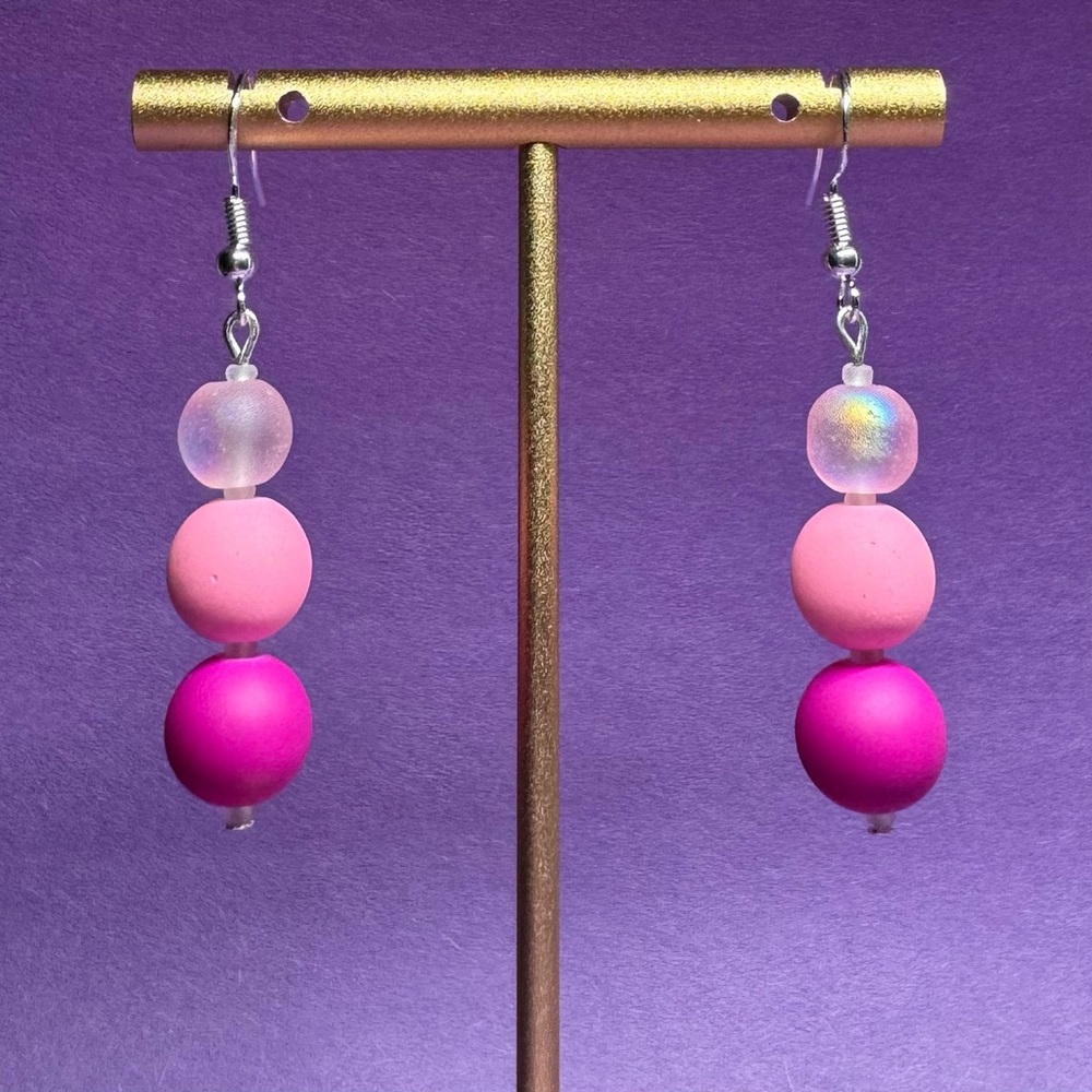 Pink Rubber Coated Glass Drop Dangle Earrings‎ 2” Handmade